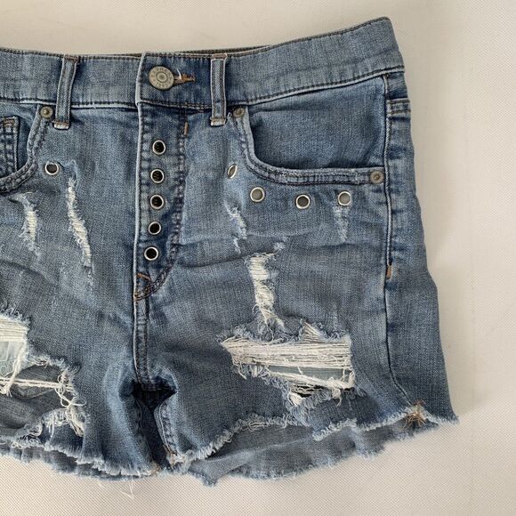 Express Denim Jean Shorts Womens 2 Shortie Vintage High Rise Distressed Metal - Picture 6 of 12
